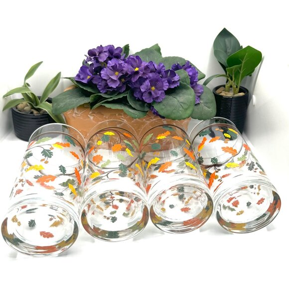 Set Of 4 Vintage Crisa by Libbey Tumblers Glasses Fall Autumn Leaves - Picture 6 of 8